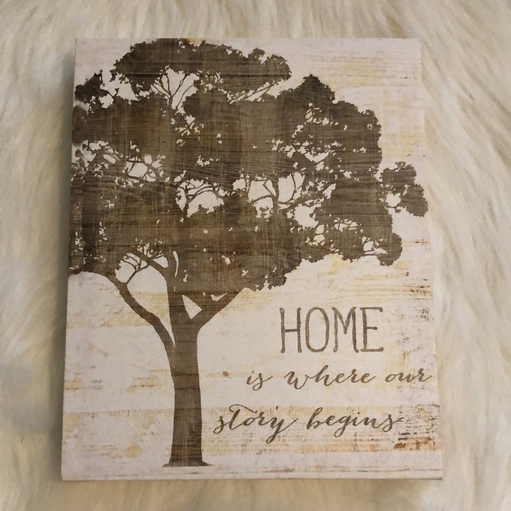 Canvas wall/shelf decor “Home is where our story begins”